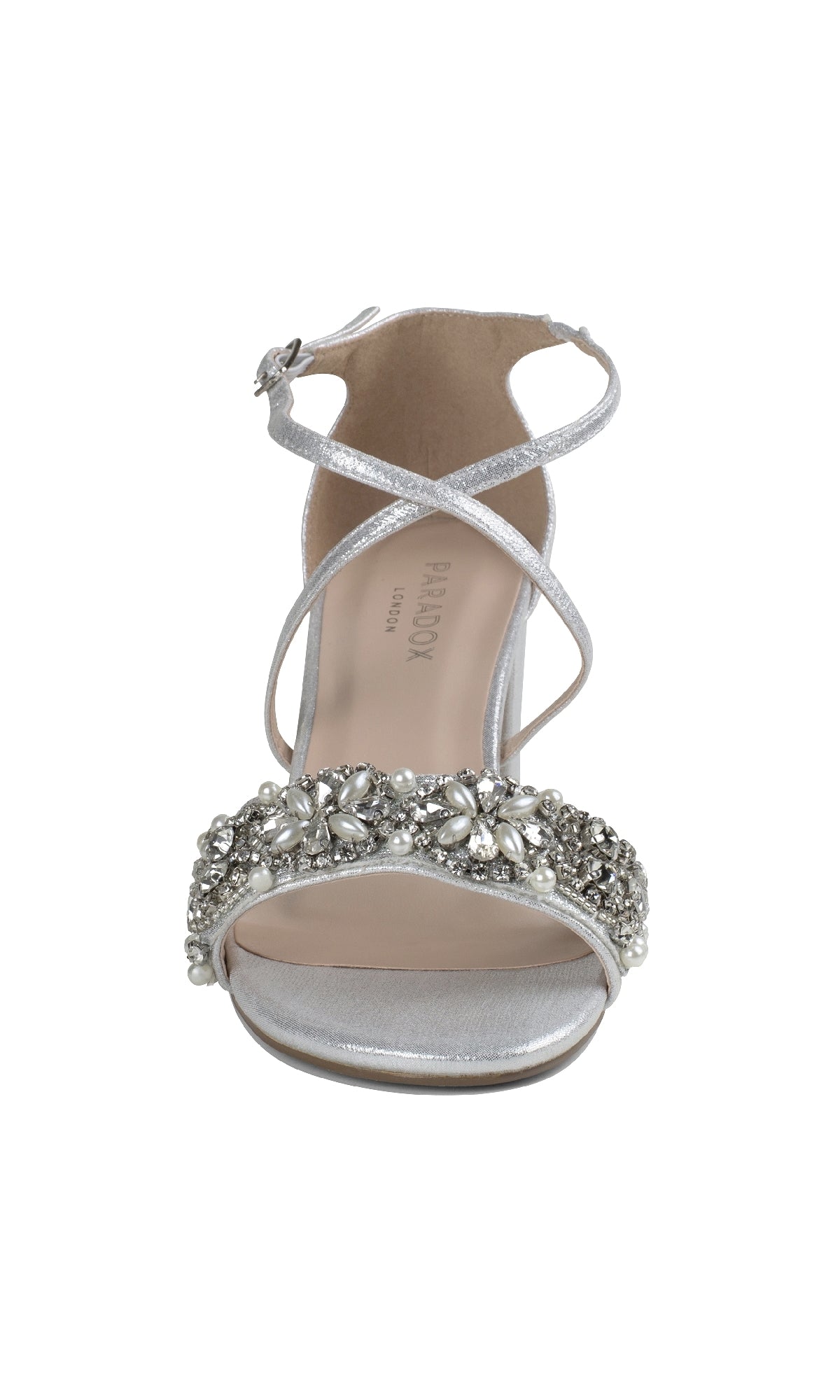 Front view of the Evangeline Silver Prom Shoes: Paradox London P2201, an open-toe block heel with ankle strap, adorned with rhinestones and floral embellishments on the toe strap.